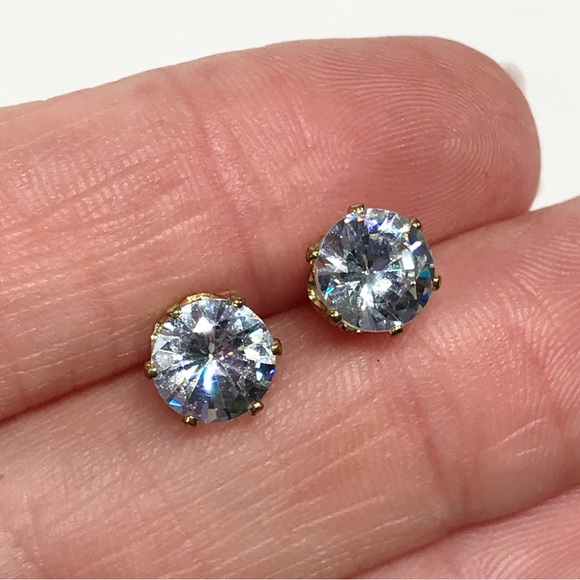 Vintage C&L 7mm Round Cut Prong Set CZ Stud Post Earrings Gold Tone Stainless - Picture 7 of 16